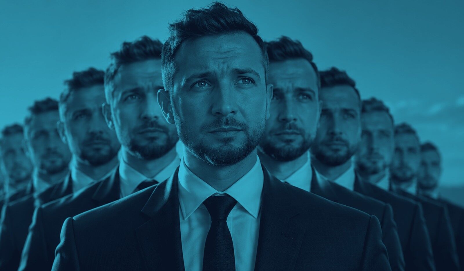 Illustrazione di un uomo in fila duplicato molte volte, metafora della Duplicazione nel Network Marketing